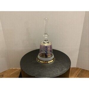 Vintage Clear Glass Hand Bell Purple Middle Leaf Cherries Gold Trim 6.5" x 3"